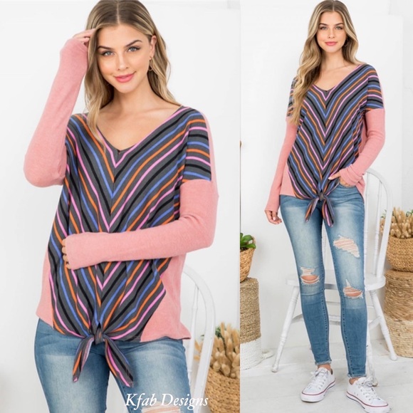 ❤️LAST ONE! Luxe V Neck Pink Color Block Soft Multi Color Striped Tie Front Top! - Picture 2 of 6